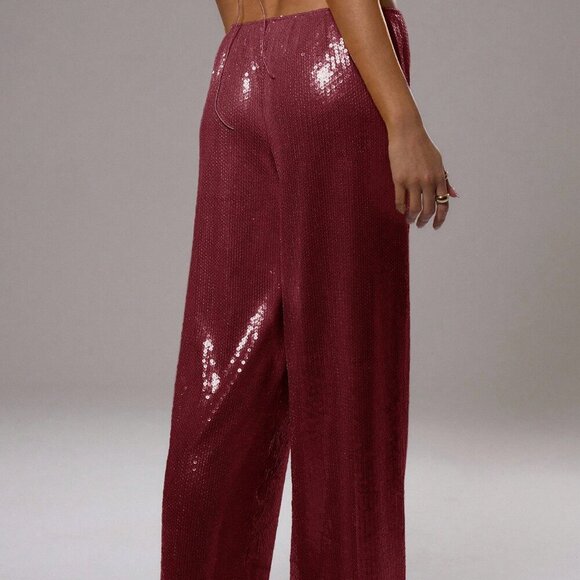 Burgundy Women's Sequin wide legged relax fit Trousers - Picture 3 of 5